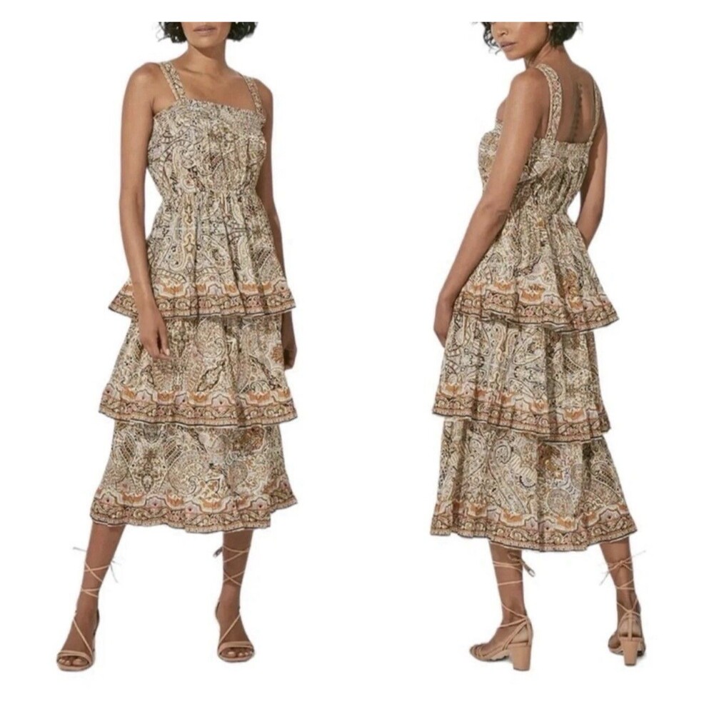 Cleobella Rosalie Tiered Boho Midi Dress Kaleidoscope Print Smocked Waist XS